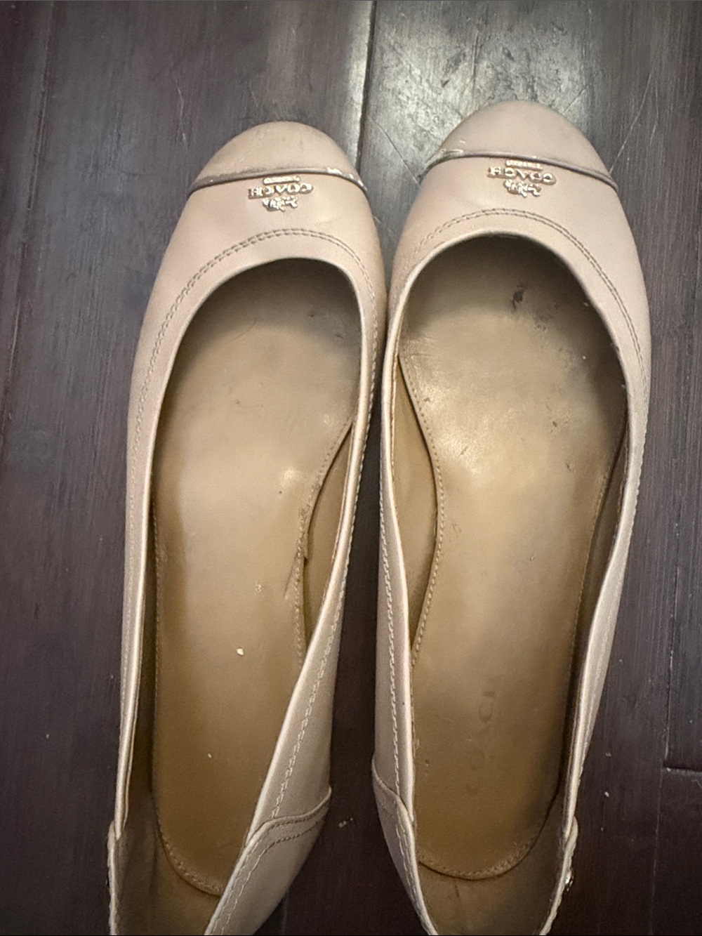 Coach Women's Nude Pink Leather Ballet Flats with Metal Logo